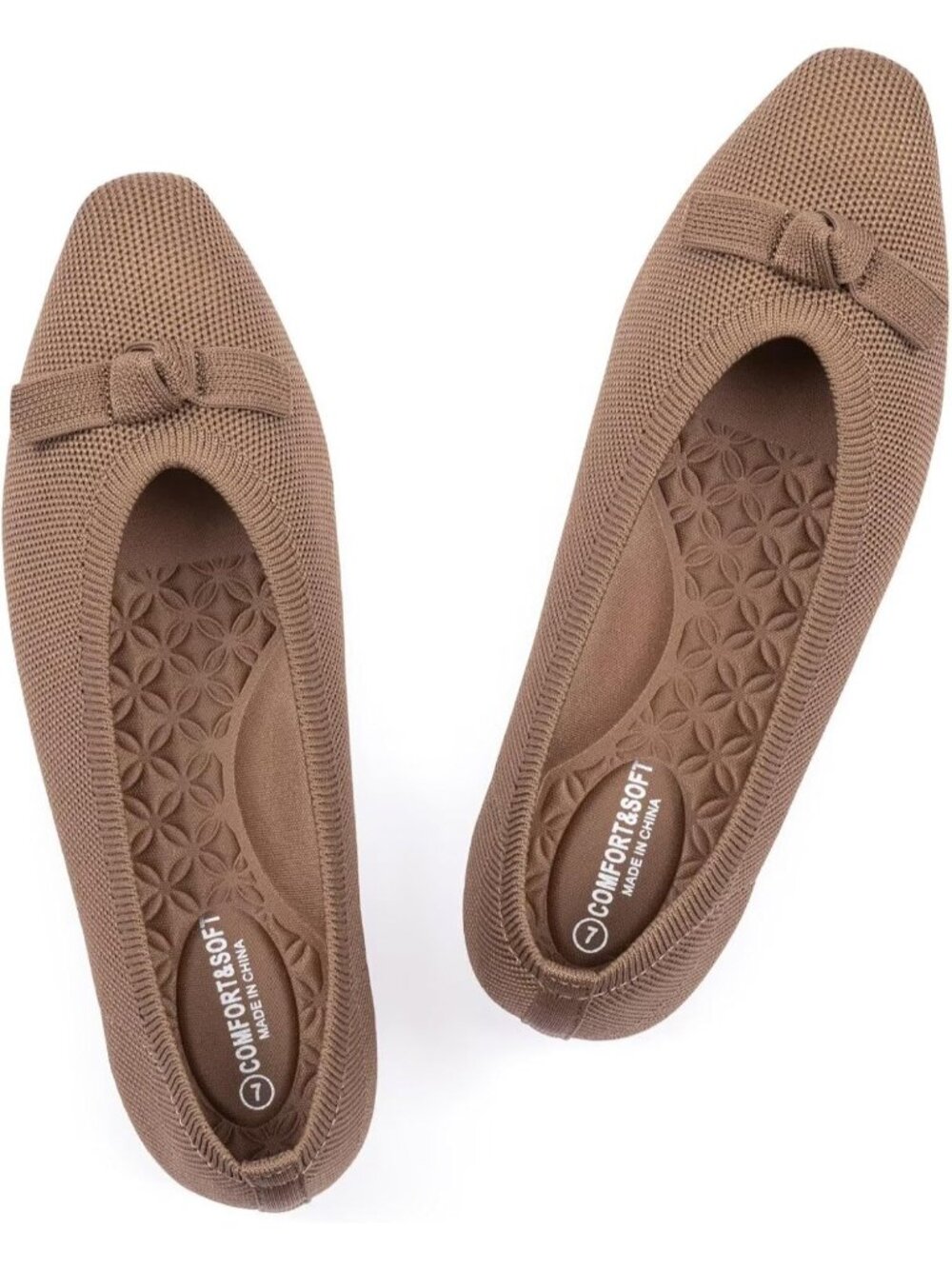 Women's Brown Solid Ballet Flats Squared Toe Knit With Bow Knot Casual Slip On